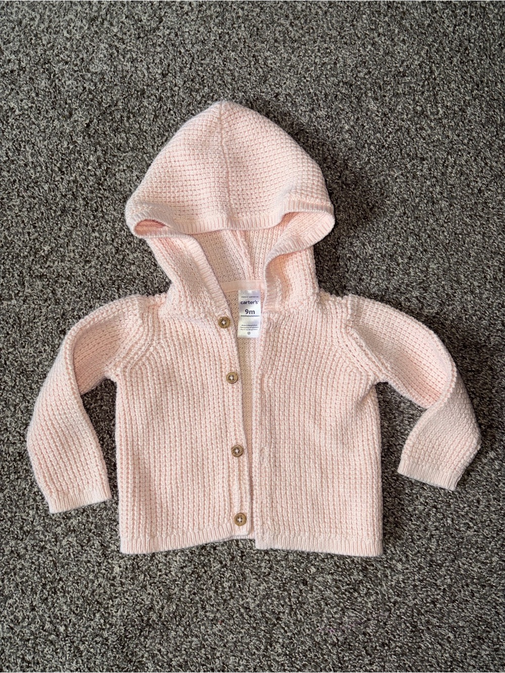 Carter's 9 Months Baby Hooded Knit Cardigan - Pale Pink Sweater